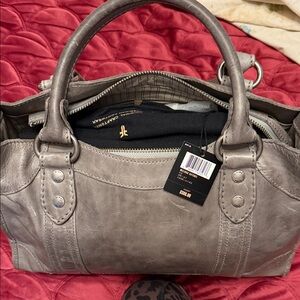 Frye Melissa Satchel Stylish Gray Leather Handbag with Pewter Hardware.